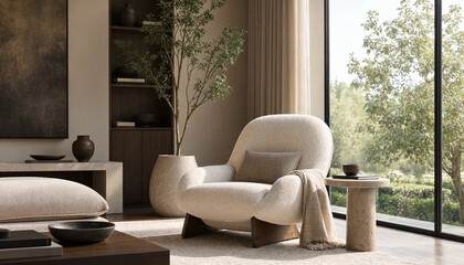 Cozy living room corner with a cream colored armchair, stone side table, potted plant, wooden bookshelf, and large window with garden view © gibon