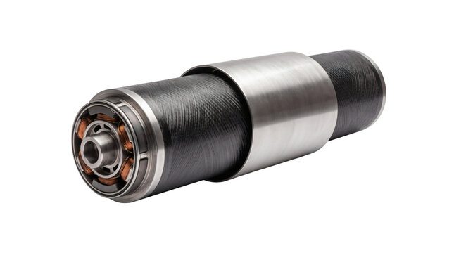 CNC machine milling spindle motor, precision high speed cylindrical steel CNC router spindle motor cartridge with collet chuck. Industrial computerized machining on transparent background.