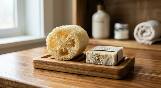 Natural loofah sponge and artisanal bar soap resting on a rustic wooden tray in a bathroom setting