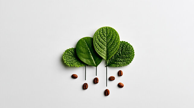 Creative coffee bean rain falling from green leaf cloud shape with coffee beans