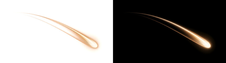 Golden comet light trail streaking with a bright glowing tail for cosmic space themed design in PNG, Transparent and Black Background Versions © Crafter