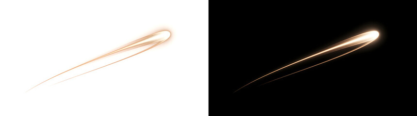 Golden comet light streak curving diagonally with a bright glowing tip for cosmic motion design in PNG, Transparent and Black Background Versions © Crafter