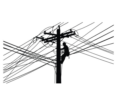 Black silhouette electrician climbing utility pole surrounded by complex overhead power lines and cables