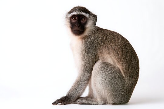 A vervet monkey sitting and looking at the camera, isolated on white background