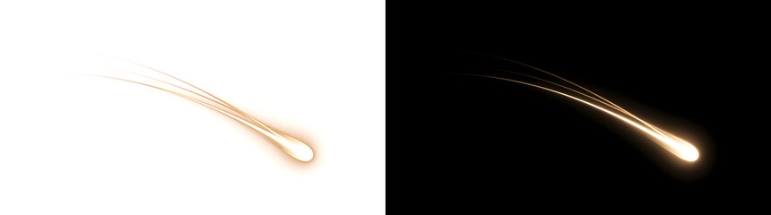 Golden meteor falling with a curved bright glowing trail for cosmic space themed design in PNG, Transparent and Black Background Versions © Crafter