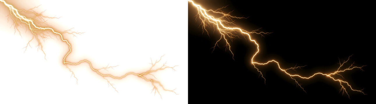 Golden lightning bolt striking downward with jagged crackling branches for thunderstorm power design in PNG, Transparent and Black Background Versions