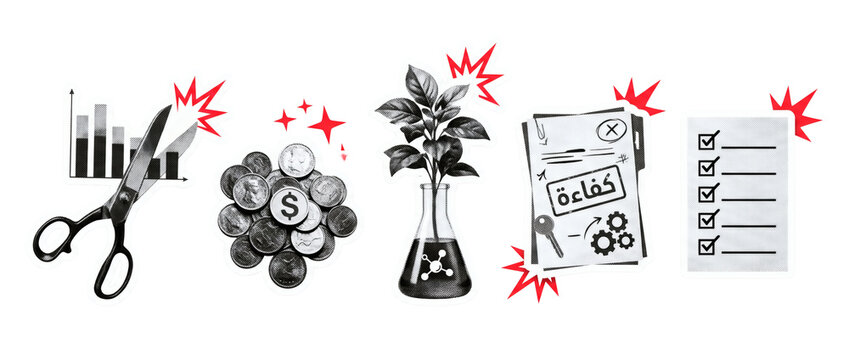 Cost reduction business efficiency icons, scissors cutting dollar bills, blooming flower vase, productivity checklist, and checkmark. Corporate financial budget on transparent background.