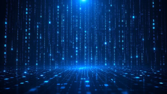 Binary code rain background with digital numbers falling in dark space