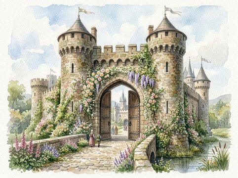 Medieval castle with stone towers and an open arched gate is surrounded by a floral garden and a moat.