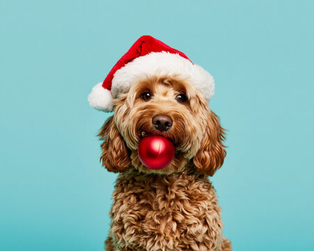 A mini golden doodle with the red ornament in the mouth and in a Santa Claus hat 