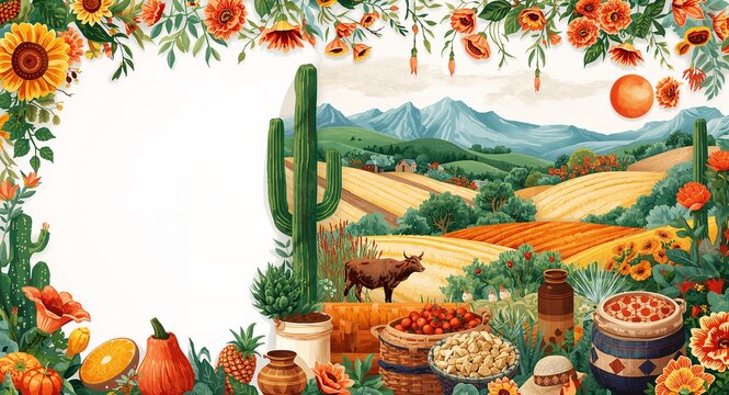 Refined Festa Junina rural theme illustration showcasing dynamic countryside elements vibrant agrarian patterns artistic natural landscapes and creative decor now