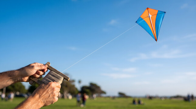 Flying a kite outdoor leisure activity with string spool