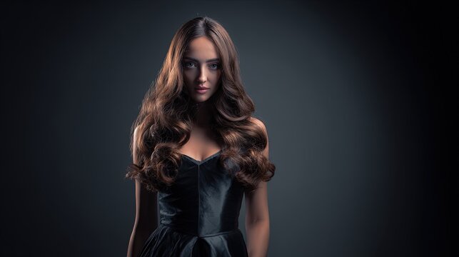 Fashion model with voluminous long wavy shiny hair wearing a sleek dress studio lighting high-contrast Glamour style shoot