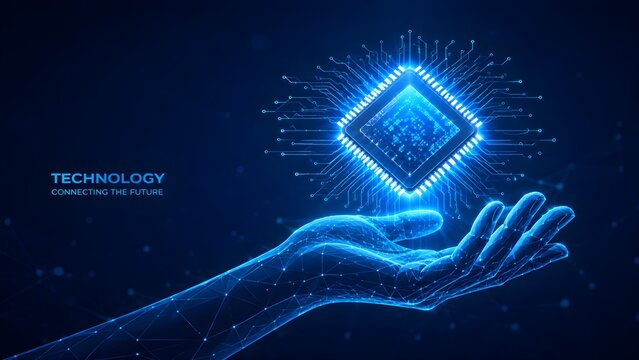 Digital wireframe hand holding a glowing blue computer processor chip with wireframe design