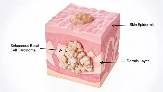 3D medical illustration of sebaceous basal cell carcinoma, cross-section skin block showing tumor in epidermis and dermis layers