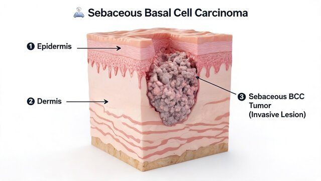 3D infographic illustration of invasive sebaceous basal cell carcinoma, numbered skin cross-section showing tumor lesion