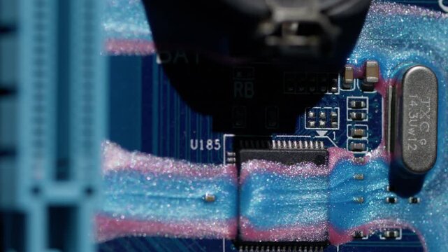 Circuit tech. Flowing glitter dye. Pink blue shimmering paint stream on hardware scheme. Color blur abstract equipment background.
