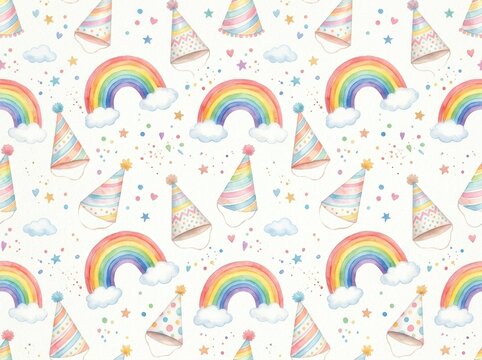 Seamless watercolor pattern features colorful rainbows and festive party hats on a white background.