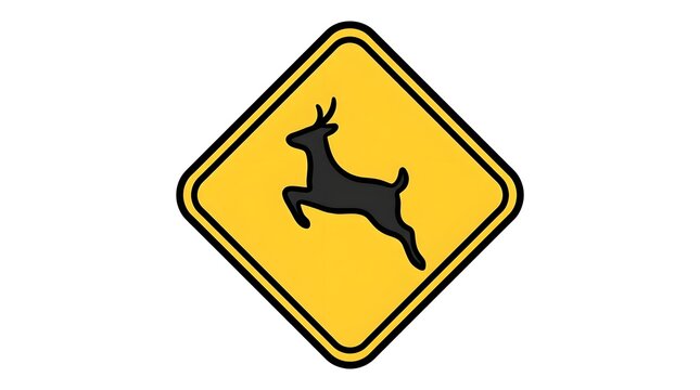 A yellow diamond warning sign featuring a black silhouette of a jumping deer, indicating wildlife crossing. Stylized vector illustration isolated on white.