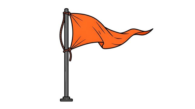 A waving orange triangular pennant flag attached to a grey pole with ropes. Stylized vector illustration isolated on a white background.