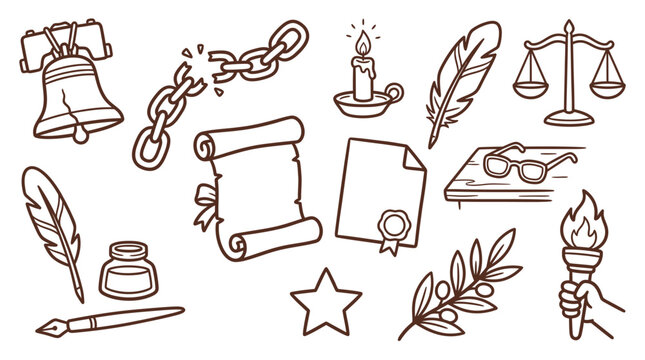 A collection of hand-drawn icons representing freedom, justice, and historical documents, including the Liberty Bell, broken chains, quills, and scales of justice.