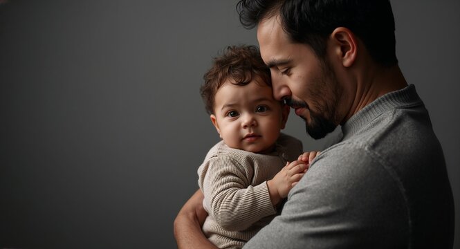 Emotive portrayal of a devoted father holding child elegantly framed with soft focus and contemporary styling to showcase heartfelt intimacy and nurturing care now