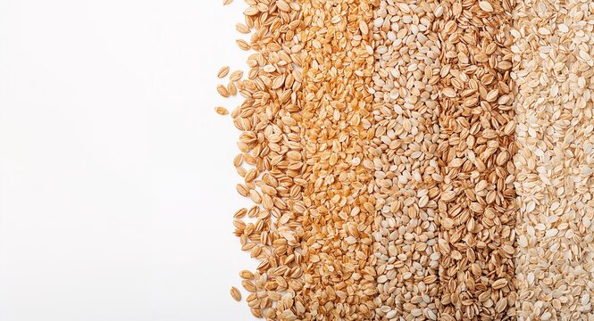 Professional whole grain visual featuring aligned rows of wheat rice barley and oats with minimal text overlay area for nutritional branding imagery and artwork