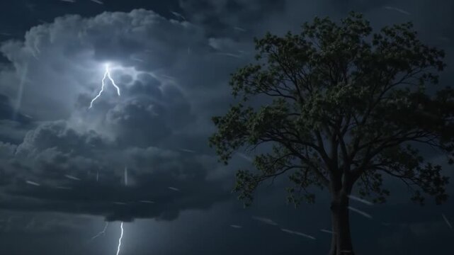 Dramatic Lightning Strike Illuminating a Dark Stormy Sky Over a Silhouetted Tree During Heavy Rain and Thunderous Weather Conditions