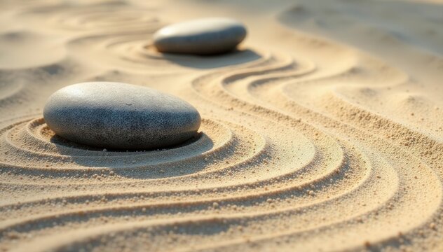 Serene zen garden wave pattern in sand, three smooth stones , brown, mindfulness, round