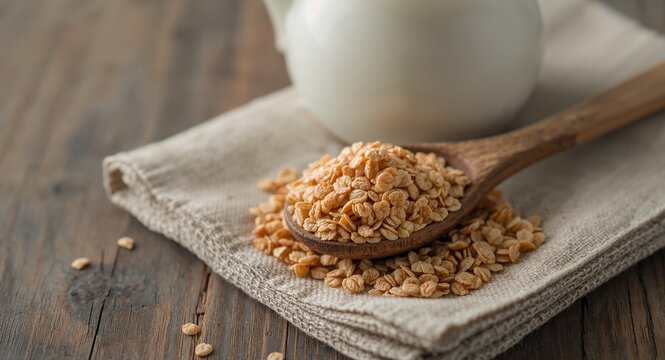 Close?up of ceramic spoon heaped with multigrain flakes resting on linen napkin beside milk pitcher for inviting cereal in wooden spoon feature � great for muesli designs