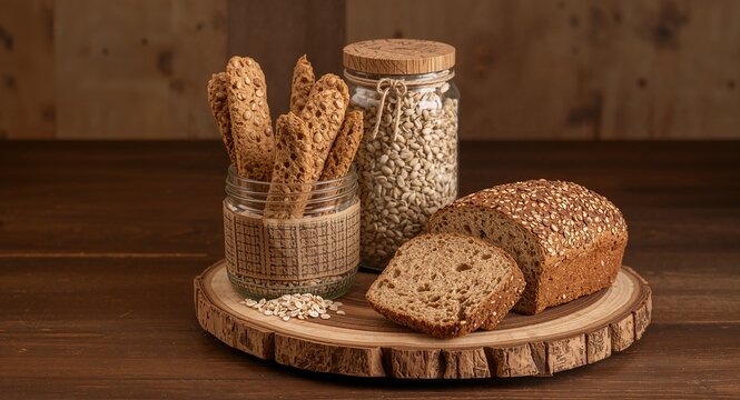 Display of multigrain loaf rye crackers and oats jar on wood slab for multigrain product display in farm to table bakery showcase � great for multigrain bread designs