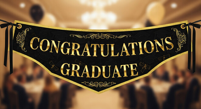 Black and gold congratulations graduate banner hanging in a blurred festive party room with balloons and guests