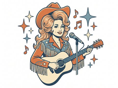 Retro country music star woman vector illustration with big hair and stars, vector isolated on white

