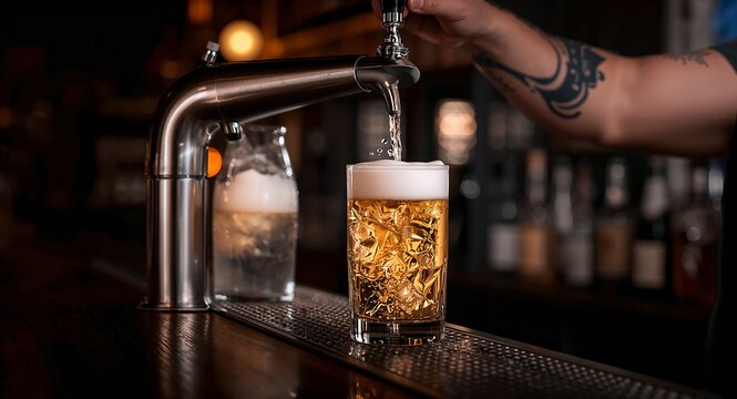 Professional commercial shot capturing precision beer pouring from sleek tap into chilled glass under bar ambient lighting � great for draft beer and beer tap designs