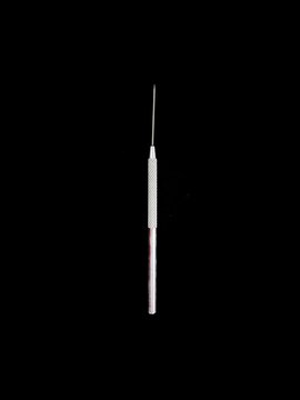 A professional aluminum pottery needle tool with a knurled texture grip handle, isolated on a solid black background for clay scoring and detailing.