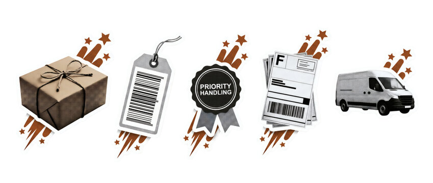 Ecommerce parcel delivery courier icons, cardboard box package, barcode retail tag, shipping receipt invoice, and delivery cargo van. Fast logistics online shopping on transparent background.