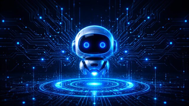 Small robotic head character floating above digital technology platform with circuitry