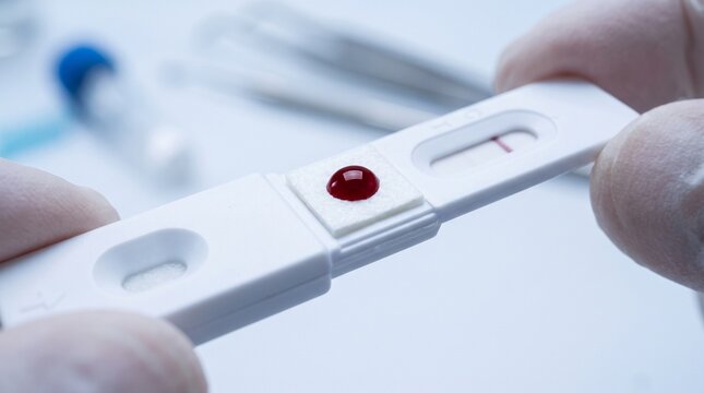 Blood Droplet on Rapid Diagnostic Test Cassette in Laboratory