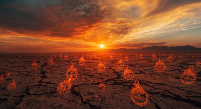 Drone footage capturing arid landscape overlaid with fire icons symbolizing world on fire narrative under apocalyptic sky � great for climate change and drought designs