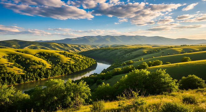 Beautiful scenic landscape featuring a winding river flowing through lush green rolling hills under a cloudy sky