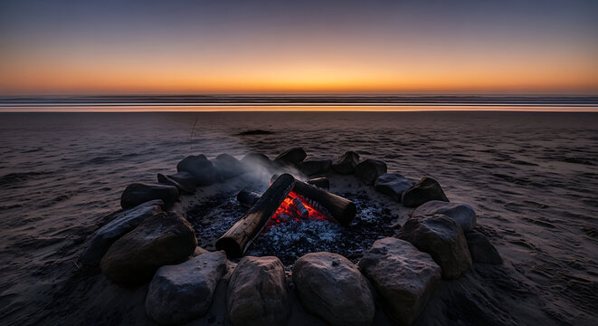 A glowing campfire burning in a stone ring on a sandy beach at sunset by the ocean