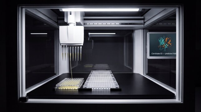Automated liquid handling robot dispensing reagent into a 96-well microplate beside a predicted protein structure display