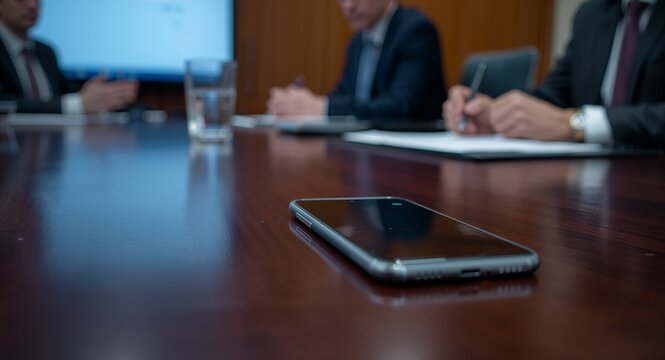 Clean stock image showing legislators evaluating national trade policy amendments impacting tax on electronics import with smartphone components laid out on conference