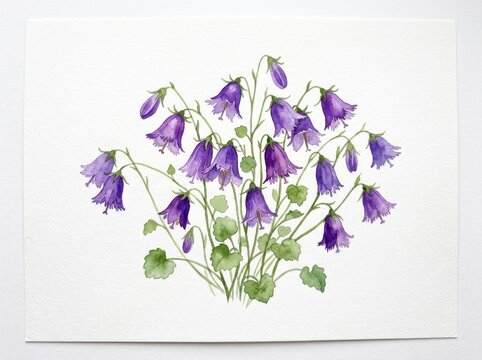 Bellflowers painted in watercolor bloom against a clean white background.