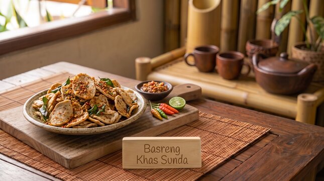 Authentic Indonesian Sundanese Basreng Spicy Meatball Chips Snack with Sambal and Traditional Setting
