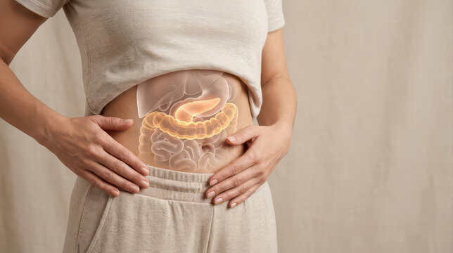 Woman holding abdomen with digestive organ illustration for obesity insulin resistance awareness and abdominal health concept