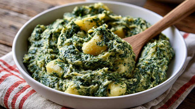 Creamy mashed potatoes with spinach in a white bowl with a wooden spoon on a rustic table. Perfect for traditional Dutch stamppot and healthy comfort food recipes.