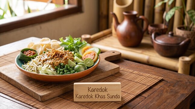 Authentic Indonesian Sundanese Karedok Raw Vegetable Salad with Peanut Sauce Garnish, Crackers, Sambal