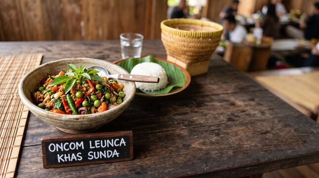 Authentic Sundanese Stir-Fried Fermented Oncom with Black Nightshade Berries and Basil on Wooden Table