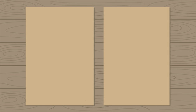 Mockup of two blank brown paper sheets placed side by side on a rustic grey wooden plank background pattern.